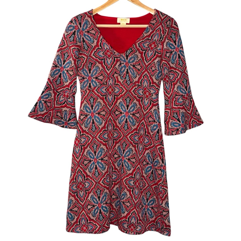 Maeve Anthropologie dress red mini sweater intarsia a-line 3/4 bell sleeve XXS